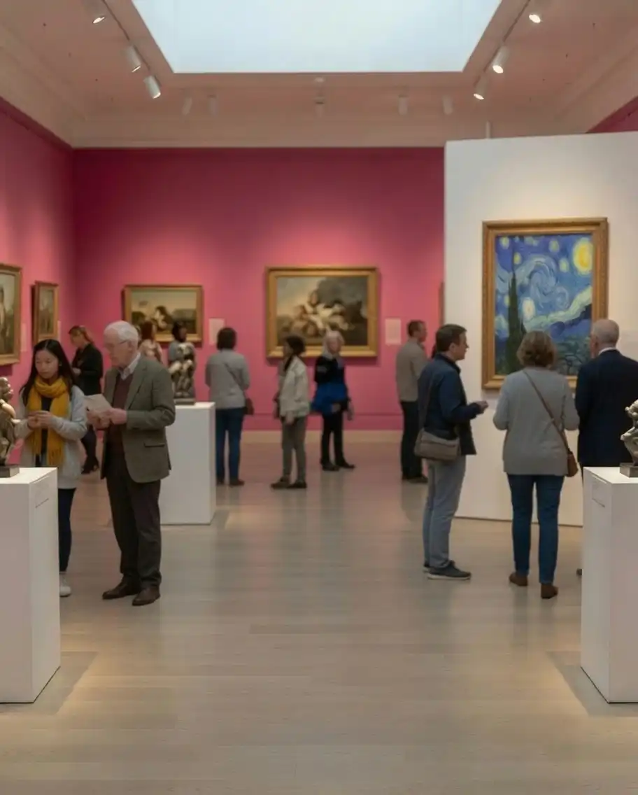 Visitors exploring a gallery, phones in hand